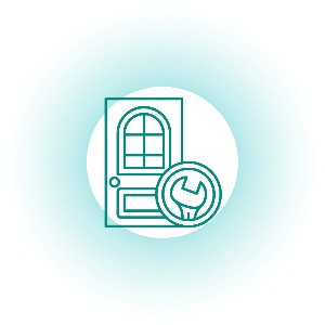 Icono de una puerta junto a un círculo con una llave inglesa.