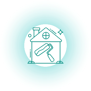 Icono de una casa con chimenea junto a un rodillo de pintura.